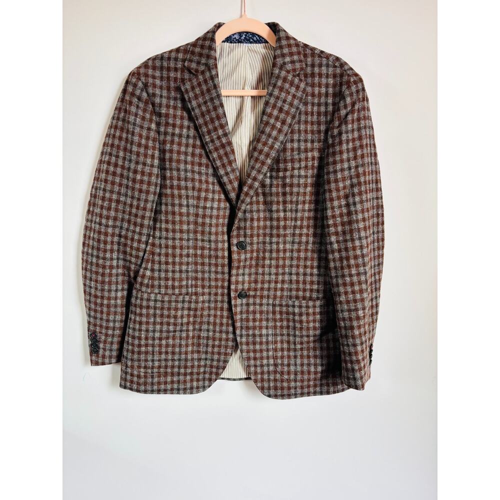 JKT Menswear Blazer Grey Brown‎ Plaid 100% Wool Jacket Sport Coat size 38R